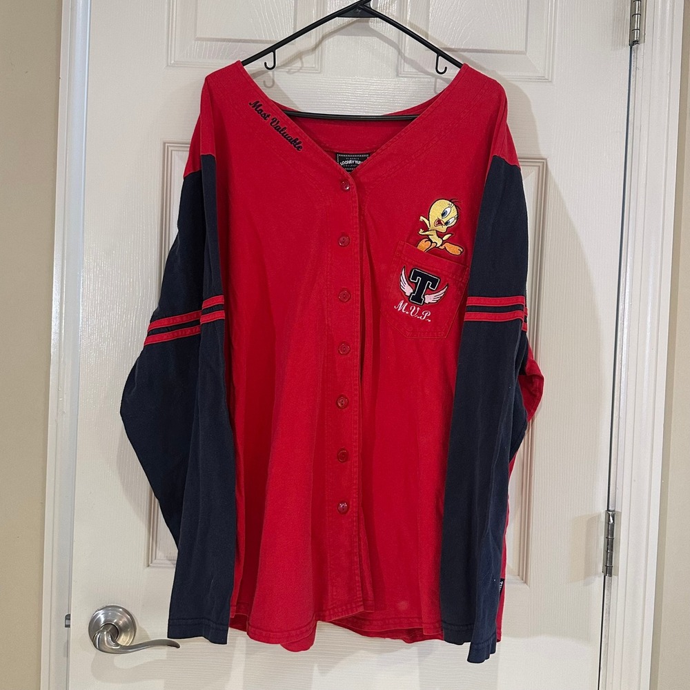 Vintage Looney Tunes Tweety Bird MVP Baseball Jersey Shirt Red Navy 4X Long Slv